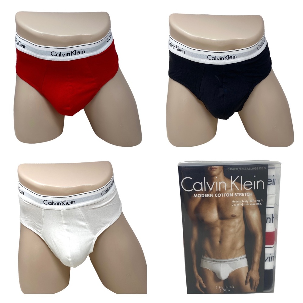 Calvin Klein Men’s Underwear 3 Pack Cotton Stretch Hip Brief White Red NB2379933